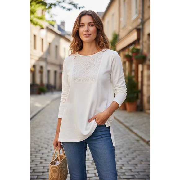 Lauren Ralph Lauren Tops - Lauren Ralph Lauren White Cotton Lace Bib Tunic Top Long Sleeve XS